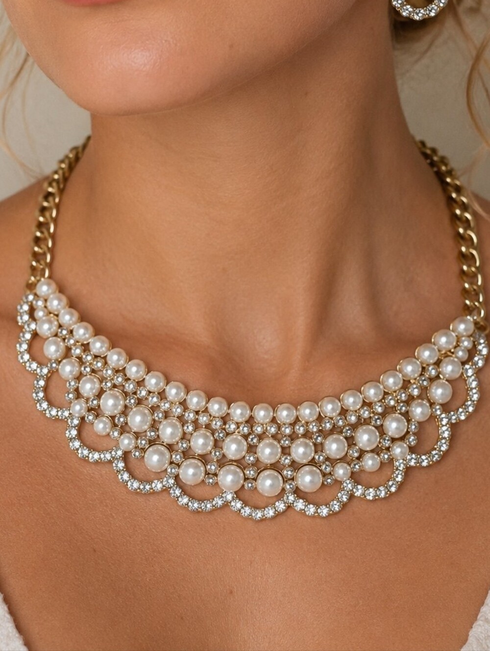 Bibb Necklace & Hoop Earrings Set Faux Pearl CZ Crystal Classic Bridal Jewelry - Picture 2 of 4